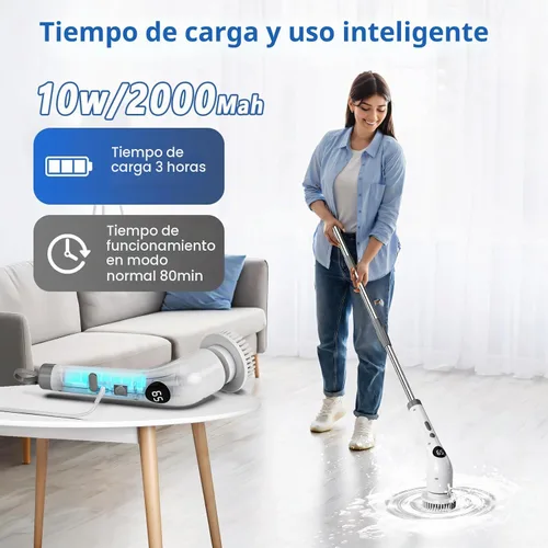Vista 3 de Qimedo Cepillo Giratorio de Mano con Mango Largo Extendido, Cepillo Eléctrico Recargable para Limpieza, Cepillo Inalámbrico para Platos con 6