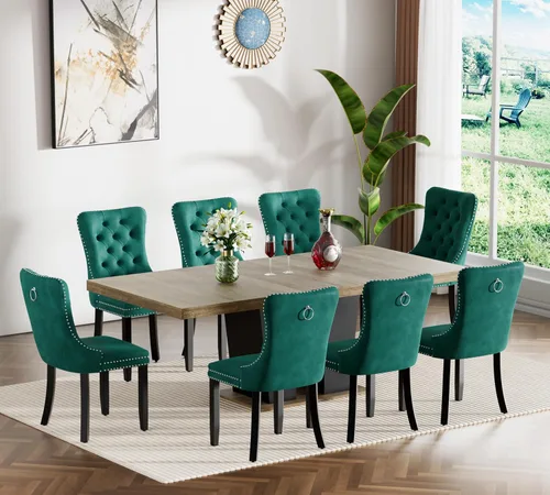 Vista 19 de Henf Juego de mesa de comedor extensible de 78 pulgadas para 6 mesas rectangulares de madera de 7 piezas con 6 sillas tapizadas de terciopelo, mesa