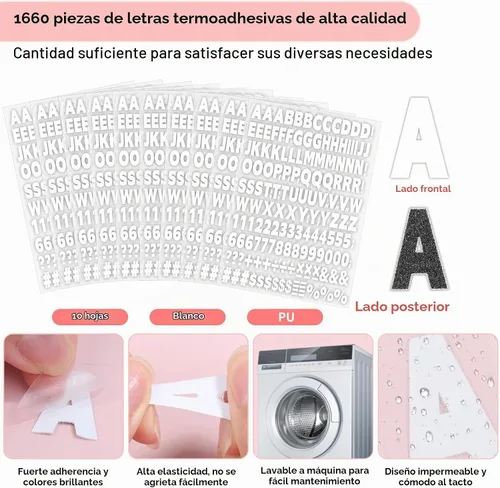 Vista 3 de 10 hojas 1660 piezas letras y números termoadhesivos para ropa, letras de vinilo termoadhesivas blancas de 1 pulgada con letras de transferencia