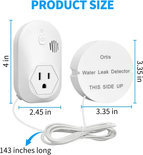 Vista 5 de Ortis Detector de fugas de alarma de agua, alarma fuerte de 95 dB, evita inundaciones graves y daños por agua