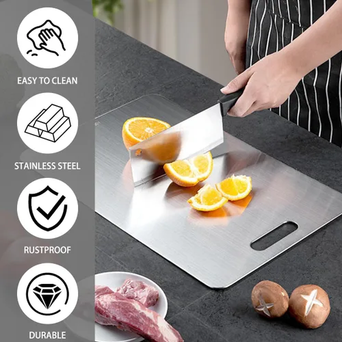Vista 3 de Tabla de cortar de acero inoxidable 304, tabla de cortar de acero inoxidable de doble cara para cocina, apta para lavavajillas, ideal para cortar