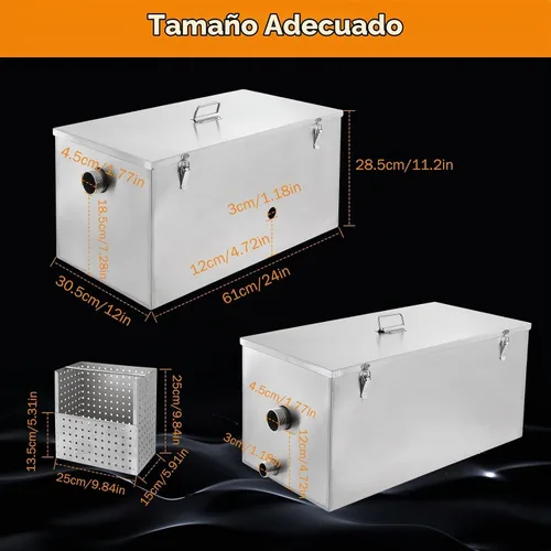 Vista 6 de BEAMNOVA Trampa de grasa comercial, 25 libras, acero inoxidable, entrada