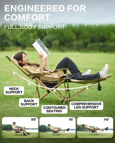 Vista 4 de MOBI GARDEN Silla de camping reclinable con reposapiés, silla lounge plegable ajustable de 4 posiciones para adultos, reposapiés portátil y Negro