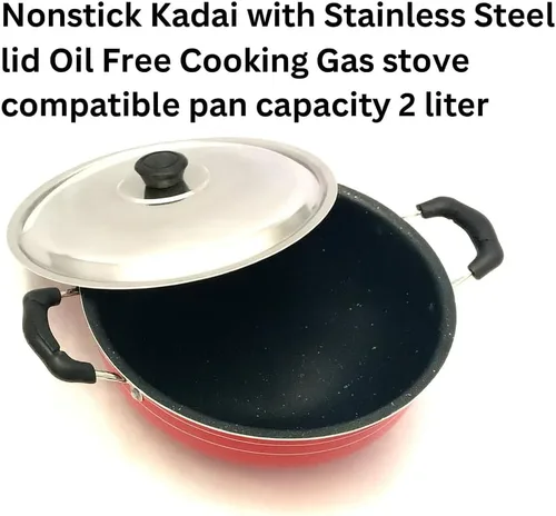 Vista 7 de GD Deep Kadai - Sartén antiadherente Kadhai Indian Karahi con tapa de acero inoxidable, sartén antiadherente, multiusos, utensilios de cocina, ollas