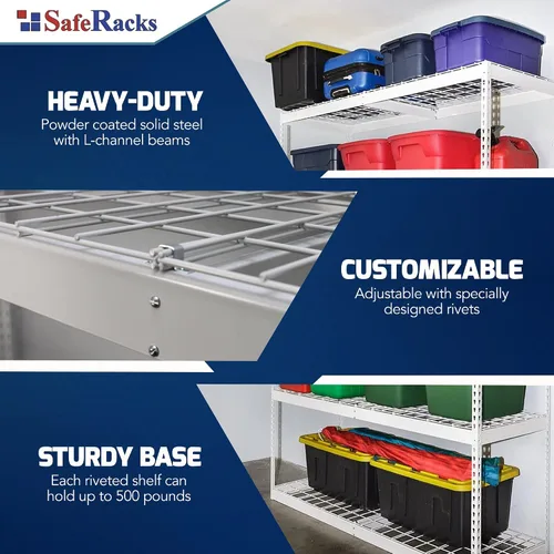 Vista 4 de SafeRacks Estantería de garaje – Estante de almacenamiento que soporta 300 libras por estante – Todos los estantes de garaje de acero – Fácil