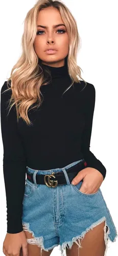 Vista 4 de LOVFEE Camiseta básica de algodón de manga larga y cuello alto suave para mujer