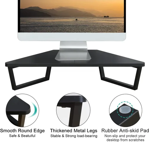 Vista 4 de TEAMIX Soporte de monitor triangular de 26 pulgadas, estante de esquina de escritorio con patas de metal, soporte de computadora de madera