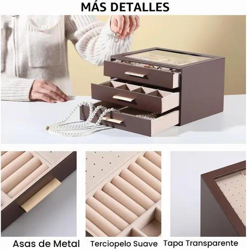 Vista 5 de Frebeauty Joyero para mujer, organizador de joyas con tapa transparente con 3 cajones Marrón Oscuro