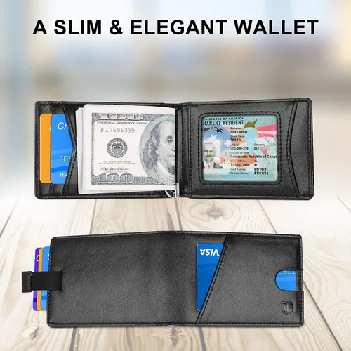 Vista 2 de BIAL Billetera para hombre, billetera delgada plegable con clip para dinero, billetera RFID con 6 tarjeteros de crédito y 1 ventana