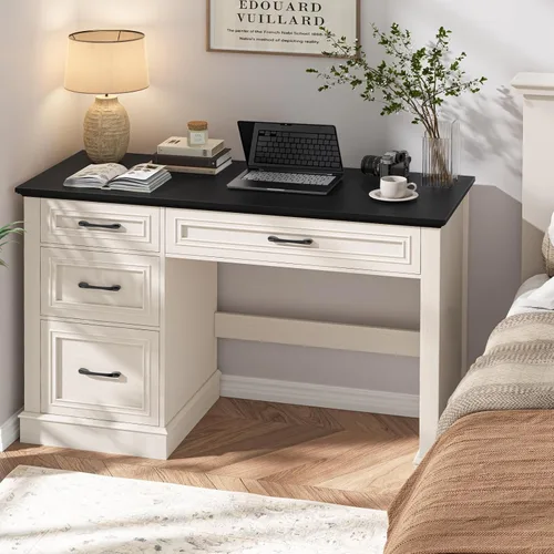 Vista 6 de Vabches Escritorio ejecutivo Farmhouse de 47 pulgadas con 3 cajones y cajón de archivos ajustable, escritorio de computadora para oficina en casa