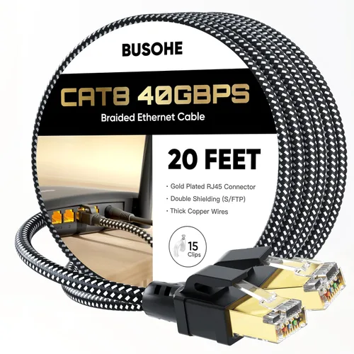 Vista 16 de BUSOHE Cable Ethernet Cat 8 de 1 pie, cable de red de internet trenzado de alta velocidad de 40 Gbps 2000 MHz con conector RJ45 chapado en oro