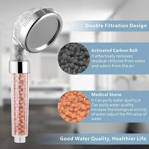 Vista 5 de Cabezal de ducha de mano con filtro - Cabezal de ducha de alta presión con 3 ajustes de pulverización, filtro para agua dura - Para piel y cabello