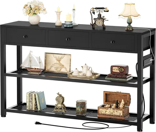 Vista 10 de Ecoprsio Mesa de Entrada con Tomacorrientes y Puertos USB, Mesa Consola con 2 Cajones, Mesa de Sofá Pequeña con Estantes de Almacenamiento para Sala
