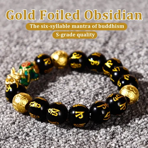 Vista 5 de Feng Shui Bracelet Obsidian Bracelet, 24k Gold Plated PiXiu Dragon Protection for Men Women, 12mm Mantra Prayer Beads Bracelets Meditation