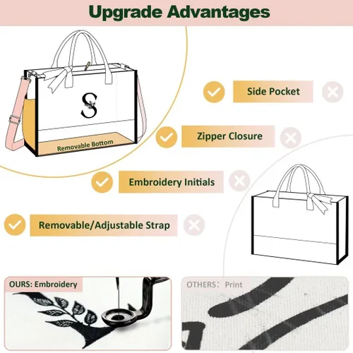 Vista 2 de AUNOOL Bolsa de playa con inicial con cremallera y bolsillos, regalos con monograma para mujeres, regalos personalizados para profesores, mamá