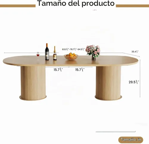 Vista 9 de Mesa de comedor redonda extensible con base de almacenamiento, mesa de comedor expandible natural de 63 a 94 pulgadas para 10 personas, mesa