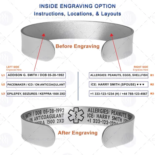 Vista 10 de Pulsera de identificación de alerta médica, acero inoxidable 316L, personaliza y personaliza, selecciona un tamaño de muñeca, de 6 a 9 pulgadas