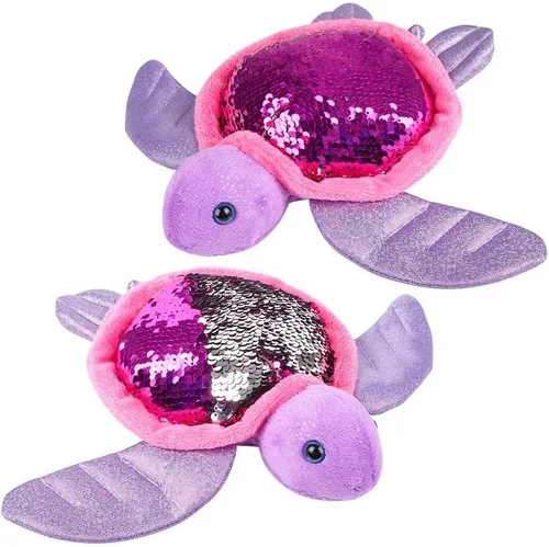 Vista 4 de Zugar Land Peluche reversible de tortuga marina con lentejuelas (11 pulgadas), diseño de lentejuelas reversibles, color rosa intenso/plateado