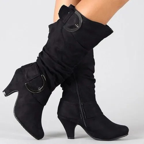 Vista 3 de Botas de media pantorrilla para mujer, botas de tacón bajo, con cremallera, clásicas, puntera puntiaguda, ligeras, botas de invierno de moda 2022