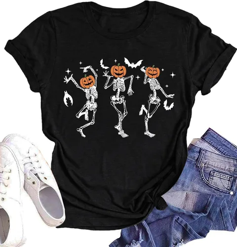 Vista 21 de Woffccrd - Camisetas divertidas con estampado de calabaza y leopardo para mujer, camisetas gráficas de manga corta de Halloween para mujer