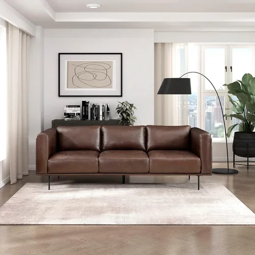 Vista 7 de Lexicon Sofá de cuero de grano superior, sofá moderno, sofá de gran tamaño con marco de madera maciza y patas de metal, sofás de cuero para sala