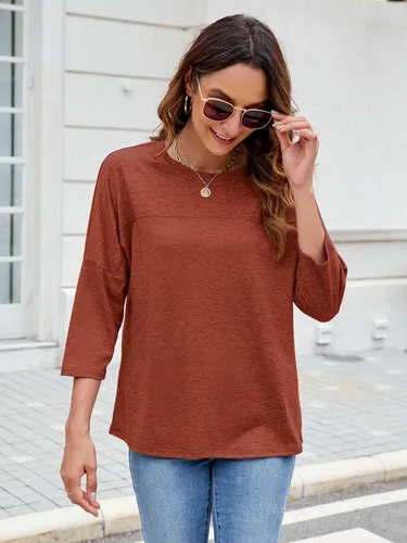 Vista 68 de ZENNILO Camisetas casuales de manga 3/4 para mujer, holgadas, cuello redondo, lindas camisetas básicas
