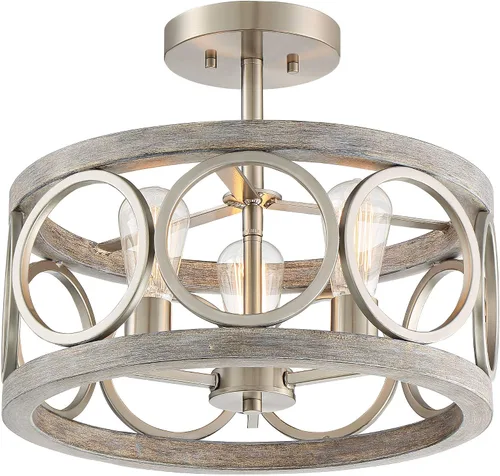 Vista 2 de Franklin Iron Works Salima - Lámpara de techo industrial rústica de 16 pulgadas de ancho, 3 luces con acabado de madera gris níquel cepillado
