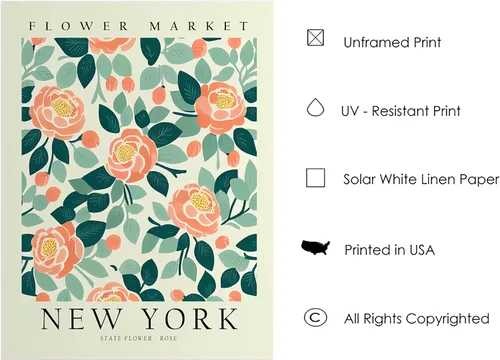 Vista 2 de Impresión artística del mercado de flores de Nueva York, arte de pared de rosas, decoración de arte floral para dormitorio, cocina, baño, póster