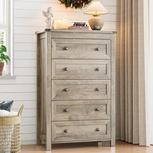 Vista 32 de Xixini - Cómoda para dormitorio con 5 cajones, cómoda alta de madera, organizador moderno de ropa estilo granja, gabinete de almacenamiento con asas