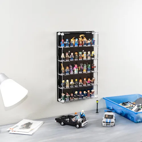 Vista 7 de Vitrina de minifiguras de acrílico, estantes de almacenamiento de figuras pequeñas de montaje en pared con fondo negro, capacidad para 40