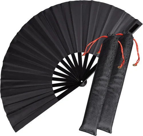Vista 10 de Paquete de 2 ventiladores de mano plegables grandes, ventilador chino negro de Kung Fu Tai Chi, abanicos de tela de nailon para hombres y mujeres