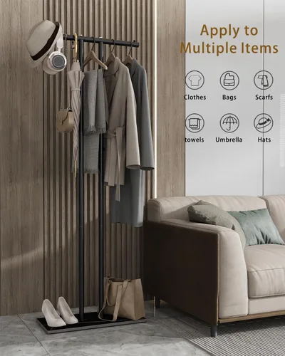 Vista 4 de OUTBROS Perchero de metal grande independiente con base de roca, negro Almacenamiento de ropa de pie para interiores, 23.6 pulgadas de ancho