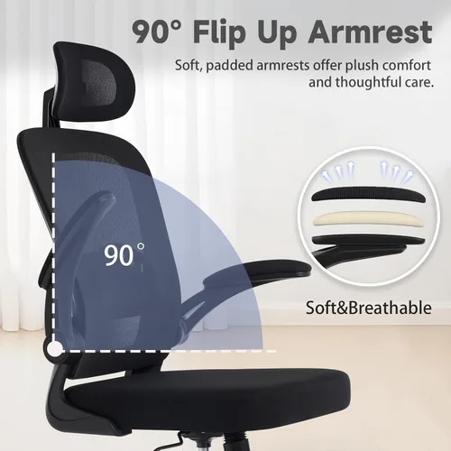 Vista 4 de Silla de oficina ergonómica con soporte lumbar ajustable, silla de escritorio de oficina con reposacabezas ajustable, malla transpirable, cojín