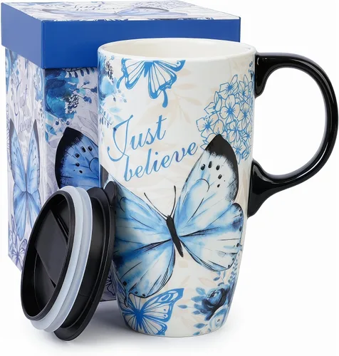 Vista 13 de Topadorn Taza de Café de Cerámica de Viaje con Tapa y Caja de Color, 17oz Termo de Café Apto para Microondas y Lavavajillas, Pájaro Azul