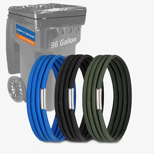 Vista 8 de Hongmed - Bandas de goma resistentes para latas de 50 a 96 galones para cocina, oficina, garaje, bolsas de basura grandes seguras (negro/azul/verde)