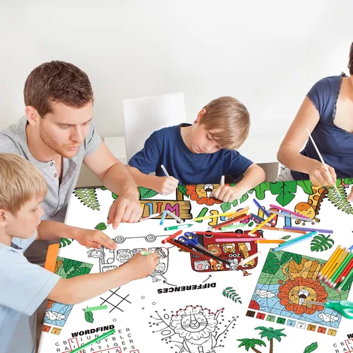 Vista 6 de Gatherfun Paquete de 2 manteles de papel para colorear con temática de selva de safari, cubierta de mesa de actividades interactiva para fiestas