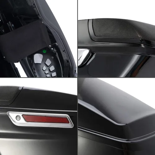 Vista 3 de XFMT Alforjas extendidas de 4 pulgadas con tapas de altavoz de 5 x 7 pulgadas para Harley Touring CVO Street Road Glide 2014-2023, negro vivo Negro