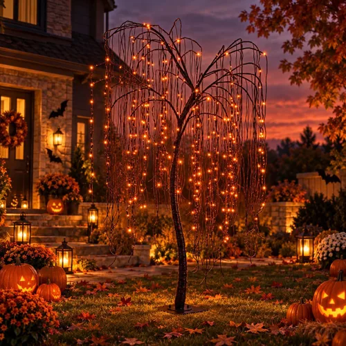 Vista 6 de Árbol de sauce iluminado de Halloween de 7 pies, 256 luces LED naranjas, árbol de sauce artificial llorón con 6 arañas, decoración