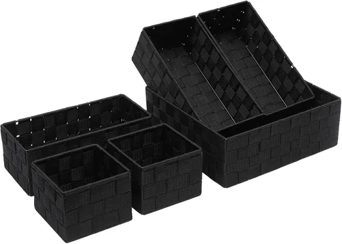 Vista 12 de Juego de 4 cestas de almacenamiento tejidas de polipropileno con marco de metal, cajas de tela apilables para cajones, armario, estante, guardería