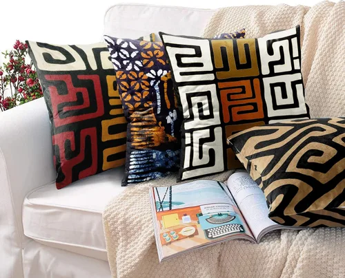 Vista 4 de ArtSocket Juego de 4 fundas de almohada naranja tribal Kuba inspiradas en la tierra, colores geométricos, étnicos, negro, marrón, barro, africano