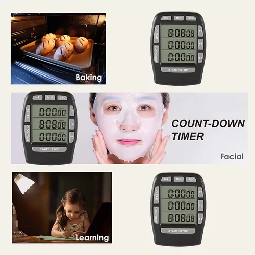 Vista 2 de Temporizador triple de cocina digital, seguimiento de cuenta regresiva y cuenta regresiva, recordatorio de zumbador fuerte, batería reemplazable