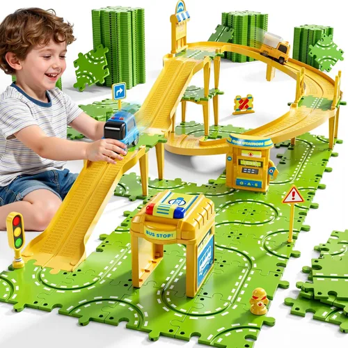Vista 8 de Juego de pista de carreras de rompecabezas grande de 2 niveles para niños de 3 a 5 años, juego de pistas de rompecabezas, juguetes de pistas
