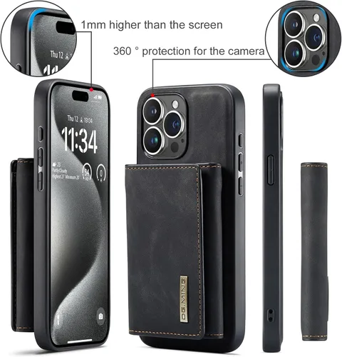 Vista 6 de Funda tipo cartera 2 en 1 para iPhone 15 Pro Max, funda protectora de poliuretano termoplástico (TPU) a prueba de golpes, cartera magnética