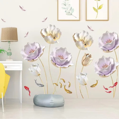 Vista 3 de Calcomanías de pared de flores doradas gigantes 3D, tulipán de loto, flores florales, hermosas flores grandes, arte de pared de despegar y pegar