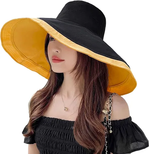 Vista 34 de Sombrero de sol de ala súper ancha para mujer, de algodón, plegable, reversible, con borde con cable, protección UV, verano, playa, viajes, jardín