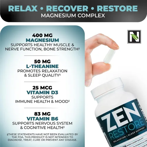Vista 4 de Nutrology Zen Restore - 400 mg de malato de magnesio, vitamina D3 y L-teanina, apoya el sueño, la recuperación muscular y el bienestar suprarrenal