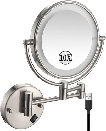 Vista 14 de KEYQEEN Espejo de maquillaje LED con luces, espejo de aumento de doble cara 1X/10X, espejo de aumento negro cableado montado en la pared giratorio