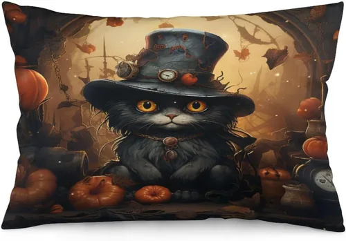 Vista 12 de Funda de almohada con sombrero de bruja con diseño de gato de 20 x 30 pulgadas, diseño de impresión de doble cara con cremallera invisible, Patrón 8