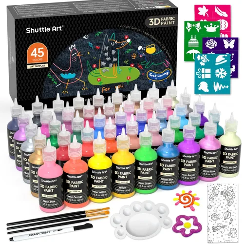 Vista 9 de Shuttle Art Pintura para Tela, 24 Colores de Pintura 3D Permanente con Pinceles, Paleta, Pluma, Lámina de Tela, Plantillas, Brilla en la Oscuridad