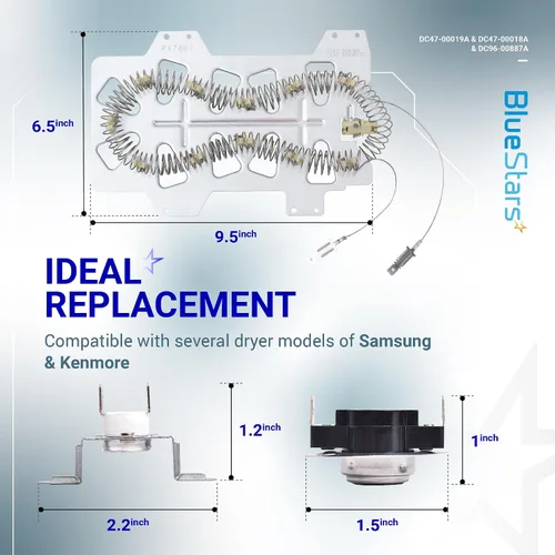Vista 3 de BlueStars Actualizado DC47-00019A DVE50R5200W/A3 DVE50R5400V/A3 DV42H5200EP/A3 Elemento calefactor para secadora Samsung DV45H7000EW/A2